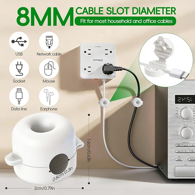 8-Pack Magnetic Cable Management Clips for home office desk, Cord organizer | reusable, strong adhesive, silicone wire staples keeper, stick-on wire holder clamps, work on wall, nightstand, car dashboard