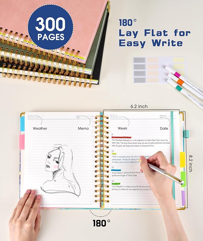 Hardcover Spiral Notebook journal with Removable Dividers Tabs, 300 Pages 5 Subject Notebook College Ruled, 100GMS Notebooks for Work School Note taking,Lined Journal for Women,A5 Pink Blue Marble