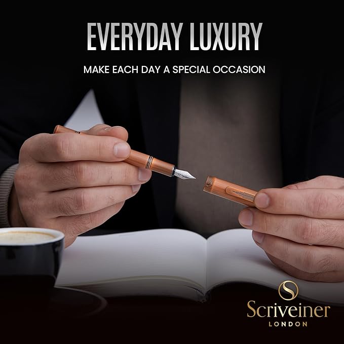 Scriveiner Luxury EDC Fountain Pen (Fine), Stunning Heavy Brass Pocket Pen, Hand Brushed Copper Finish, Schmidt German Nib Converter, Best Writing Pen Gift Set for Men Women, Nice Fancy Designer Pen