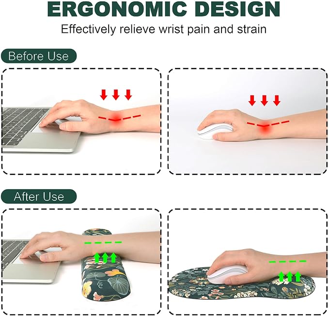Ergonomic Mouse Pad with Wrist Rest and Keyboard Wrist Rest, Gel Mousepad and Wrist Rest for Computer Keyboard, Pain Relief, Non-Slip PU Base, Mouse Pad Wrist Support for Gaming, Office, Green Flower