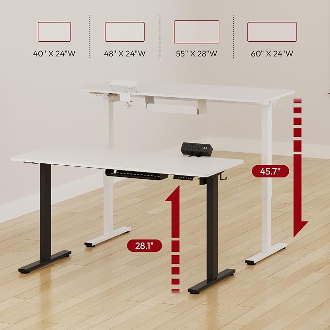 SANODESK Electric Standing Desk with Desk Clamp Power Strip 48"x 24" Whole-Piece Desktop Height Adjustable Stand Up with Cable Management Sit Stand Home Office Desk Black Frame/White Top