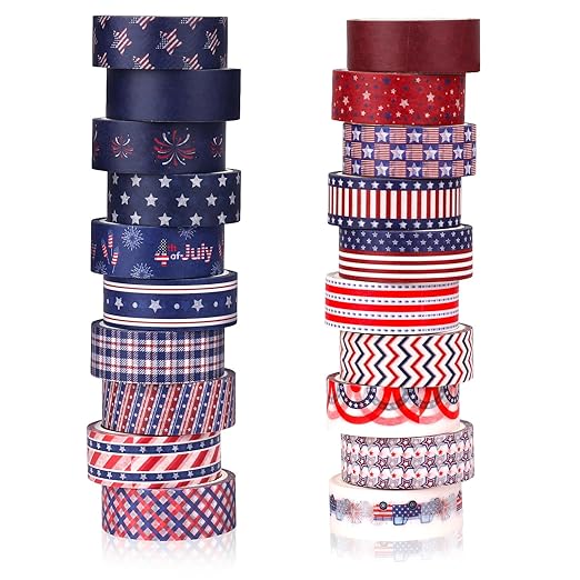 20 Rolls for Independence Day Decorative Tape Set for 4th of July Washi Tape Patriotic Stripes Washi Masking Tape for Holiday Kids DIY Art Crafts Notebook Scrapbooking & Stamping Supplies