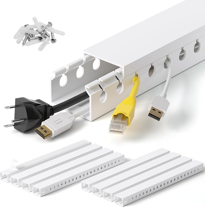 1.2" H x 1.6" W Cable Management Raceway, 132in Under Desk Channel, White | Slotted Wire Duct, 8Pack, 16.5in Each, Heavy-Duty PVC Cable Management for Server Racks, Network Cables & Electrical Cabinets