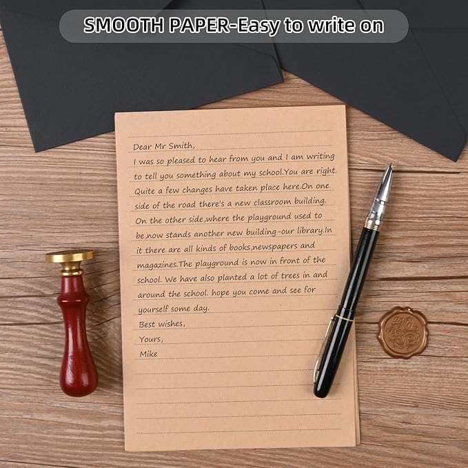 48 Pieces Stationery Set with Envelopes (24 Kraft Paper Sheets + 12 Linen Texture Envelopes+12 Wax Seal Stickers), Stationery Letter Writing Paper Set for Love Letters and Party Invitations (Black)