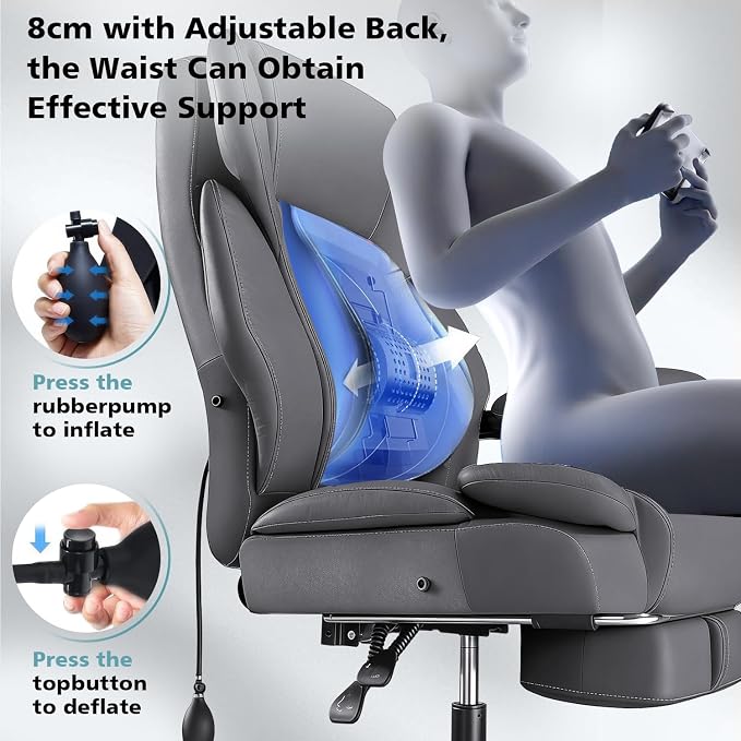 WAILOR 600lbs Big and Tall Office Chair for Heavy People,Heavy Duty Comfy Executive Office Desk Chair with Adjustable Lumbar Support,High Back Reclining PU Leather Computer Chair (Classic, Grey)