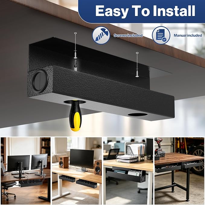 POCHAR Under Desk Cable Management Tray, 16.5" Extended Wire Organizer | Slim 3" Profile Steel Power Strip Holder, Screw-Mount Cord Hider for Wide Standing Desk Home Office