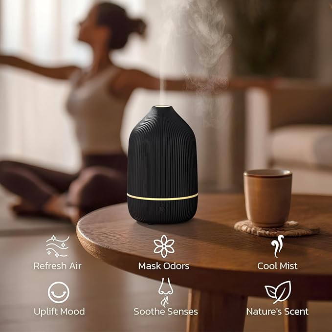 Essential Oil Diffuser, 100ml Aromatherapy Diffuser, Mini Ultrasonic Diffuser for Essential Oil, Home, Office, Cool Mist Humidifier with 7 Led Light, Auto Shut-Off, Black