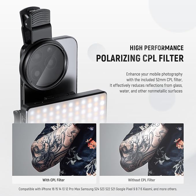 NEEWER Basics LED Selfie & Tattoo Light Compatible with iPhone, Clip on CPL Filter/Tripod Stand/Phone Holder, Fill Lighting Remove Reflection for Art Food Jewelry Photography Video Recording, BL120B