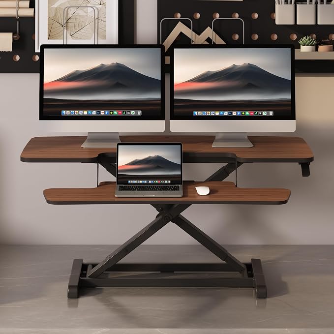 FLEXISPOT Standing Desk Converter 42" Premium Large Desk Riser for Triple Monitor, Spacious Desktop Sit Stand Workstation with Ergonomic Height Adjustment, Modern Stand Up Desk Riser, Walnut