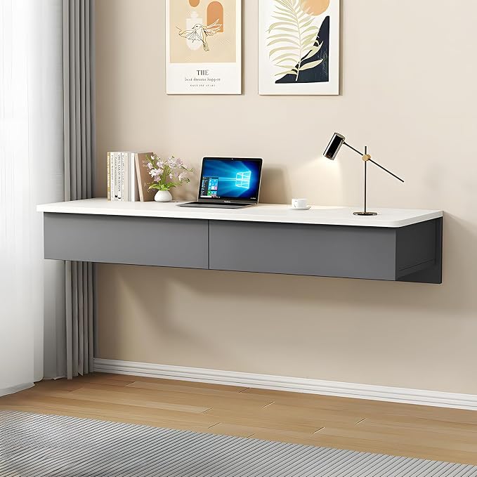 Floating Desk with Drawers, Wood Wall Mounted Desk, Floating Makeup Vanity, Space Saving, Sturdy and Stable, Floating Table for Living Room, Bedroom, Home, Office, White