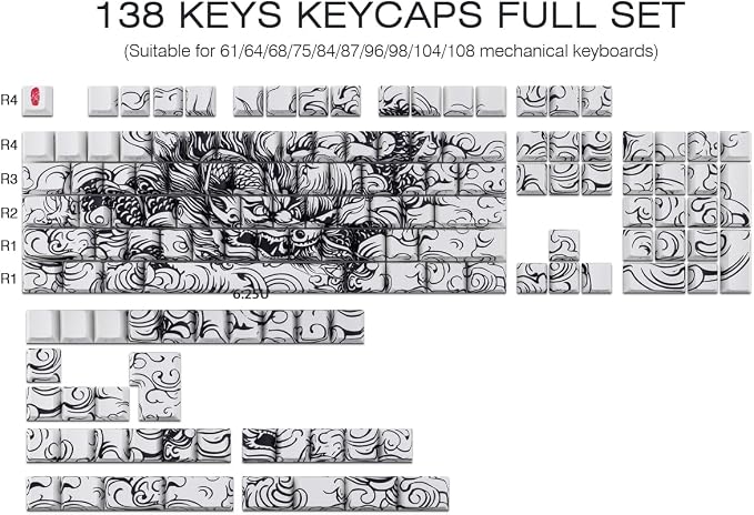 Tsungup PBT Keycaps,138 Keys Custom Cool Dragon Pattern Side Print Keycaps,Cherry Profile Key Caps Keyboard Keycap Set for 60% 65% 75% 80% 100% MX Switches Mechanical Keyboard(White)