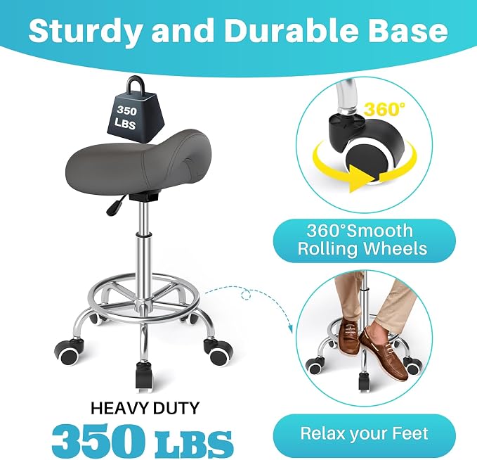YEEZEE Saddle Stool Ergonomic, Saddle Chair with Wheels, Grey | Comfortable Wide Thick Saddle Seat Padding, 360°Swivel, Adjustable Height, Ring Pedal Design, for Medical Massage Salon Spa