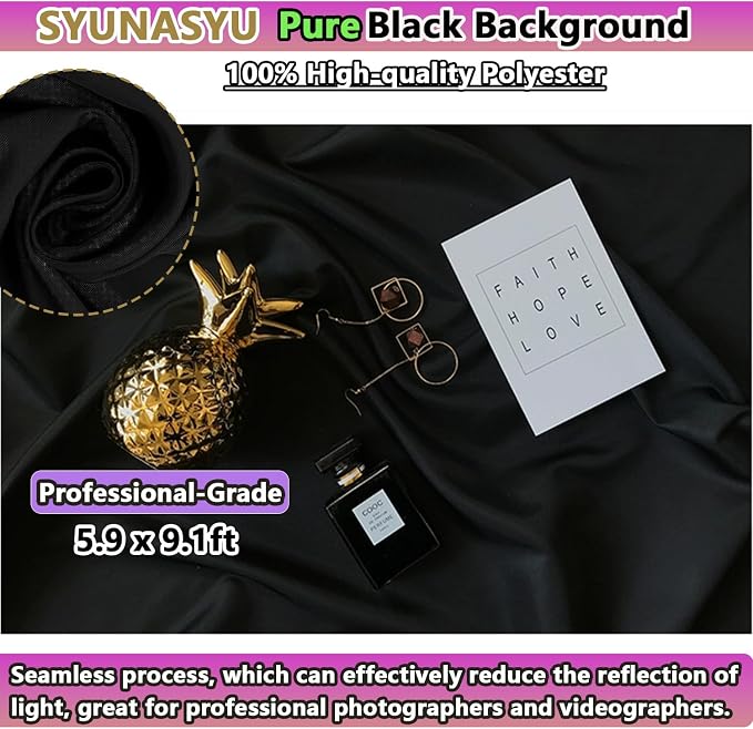 6x9 ft Black Background for Photography, Premium Black Wall Backdrop Curtains Polyester Birthday Party Decoracion Back Drop Content Creator Background Screen for Studio Video Photo Booth Photoshoot