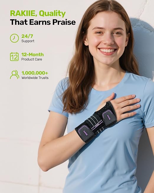 Rakiie Carpal Tunnel Wrist Brace, Adjustable Night Wrist Support with 3 Metal Splints, Hand Brace for Men Women No Pressure on Thumb, Splint Stabilizer for Work, Arthritis (Left Hand, Purple, Small)