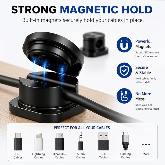 Magnetic Cable Organizer Pack: Cord Holder for Nightstand, Home Office Accessories, Cable Organizer Clips, Cord Clips for Wires on Wall, Magnetic Cord Keeper for Desk and USB Charger Cables