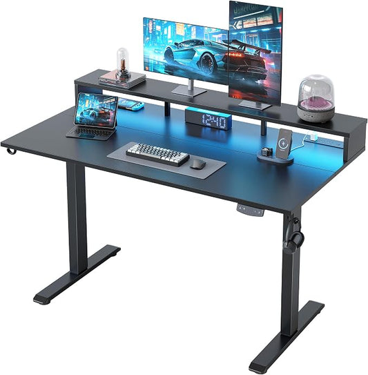 Klicelor Electric Standing Desk with Shelf, 55 Inch Height Adjustable Desk with Power Outlets & LED, Sit Stand Up Table with Monitor Stand, Computer Workstation for Home Office, Black