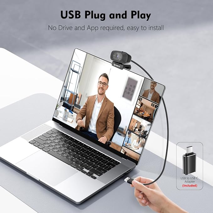 TOALLIN 1080P Full HD Webcam with Dual Microphones, Computer Web Camera, 90° Wide Angle View Without Distortion, USB Plug and Play Webcam for Video Conferencing/Online Calling/Live Streaming