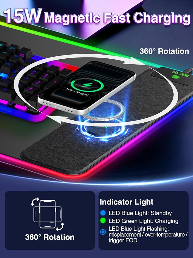 XXL RGB Gaming Mouse Pad with 15W Magnetic Wireless Charger | 31.5'' x 15.8'' Extra Large LED Desk Mat, 24 Light Effects, Non-Slip Rubber Base, Waterproof Easy Gliding Surface