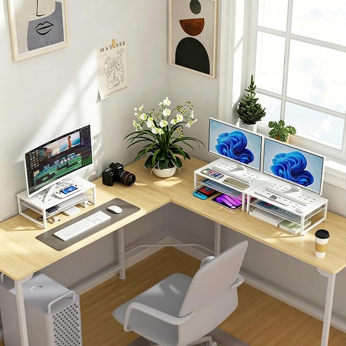 gianotter 2-Tier Metal Monitor Stand Riser, Desk Accessories & Workspace Desk Organizers, Office Desk Storage Organizer for Office Supplies (White)