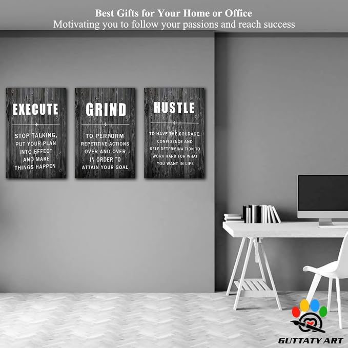 Office Wall Art - 3 Panel Motivational Wall Art, Inspirational Quotes Canvas Art for Home Office Wall Decor, Positive Quotes Wall Decor, Entrepreneur Grind Hustle Execution Poster Frame (24”x36”x3Pcs)