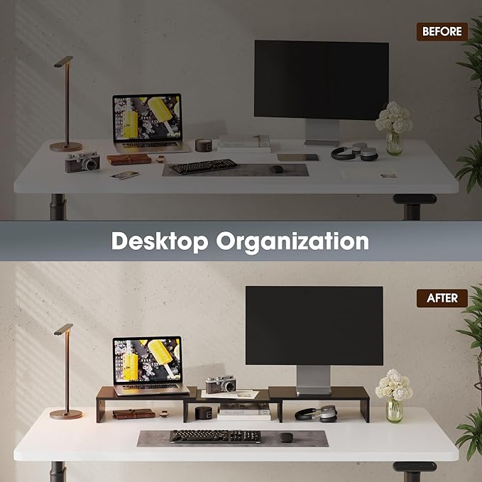 FITUEYES Dual Monitor Stand Riser, Adjustable Length and Angle, Black | Wooden 3-Shelf Design, Supports up to 55lbs, Flexible for Standard Corner Space, Holds Monitor, Laptop, Phone, Printer