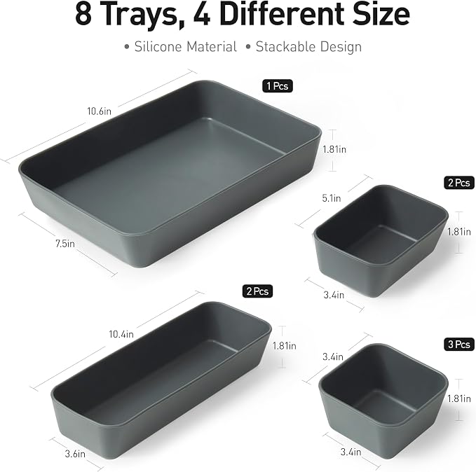 ISSEVE 8Pcs Silicone Drawer Organizer Trays for Bathroom, 4 Sizes, Black | For Vanity, Desk, Nightstand, Makeup, Jewelry, Toiletries, and Office Small Items, Nesting Organizer Trays, Drawer Organizer