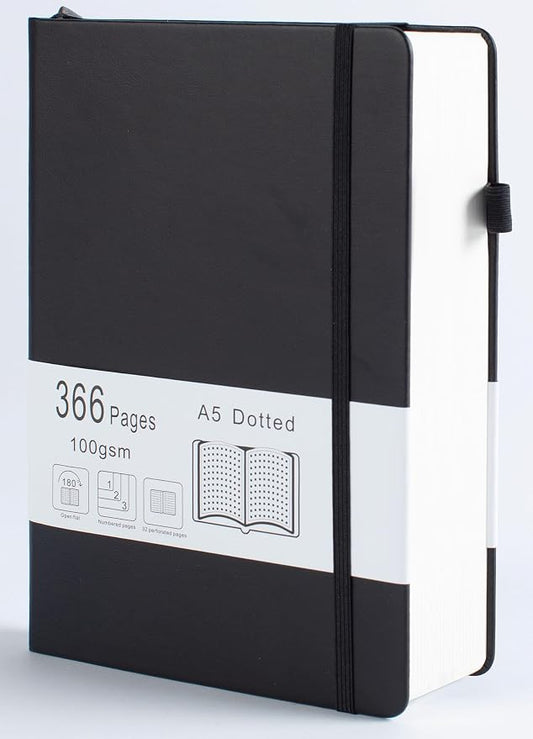 Thick Bullet Notebook with 366 Numbered Pages, A5 Dotted Journal for Writing with 100GSM Dot Grid Paper, Hardcover Leather Notebooks for Women Men School Note Taking Office Work Diary, 5.7"x8.3" Black