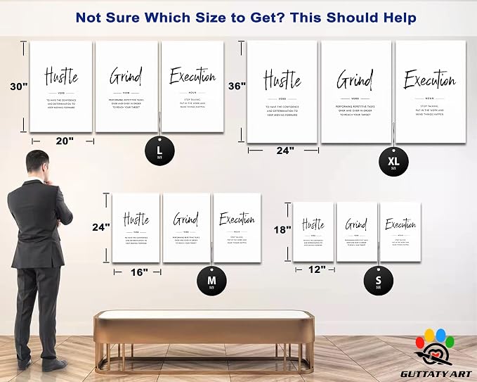 Office Wall Art - 3 Panel Motivational Wall Art, Inspirational Quotes Canvas Art for Home Office Wall Decor, Positive Quotes Wall Decor, Entrepreneur Grind Hustle Execution Poster Frame (24”x36”x3Pcs)