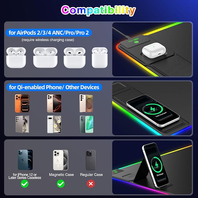 XXL RGB LED Gaming Mouse Pad with Magnetic Wireless Charger & Foldable Phone Holder, 31.5"x15.8" Extended Ultra-Smooth Desk Mat, 25 Lighting Effects, Non-Slip Base, Includes 20W PD Adapter