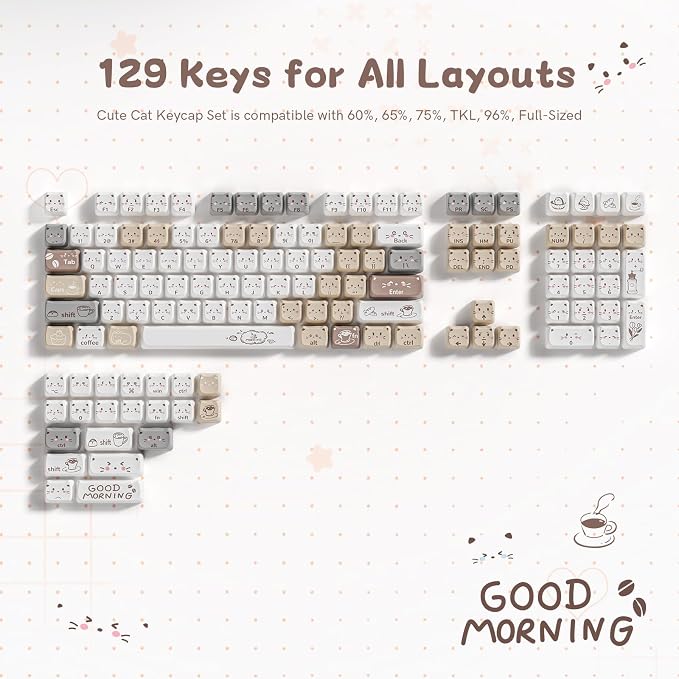 Keymatic Meow Meow Squad Cat Keycaps, Dye-Sublimation PBT MOA Profile, 129 Keys Custom CuteKey caps Set for 100%, 75%, 65%, 60% Mechanical Keyboard(Only Keycap Set)
