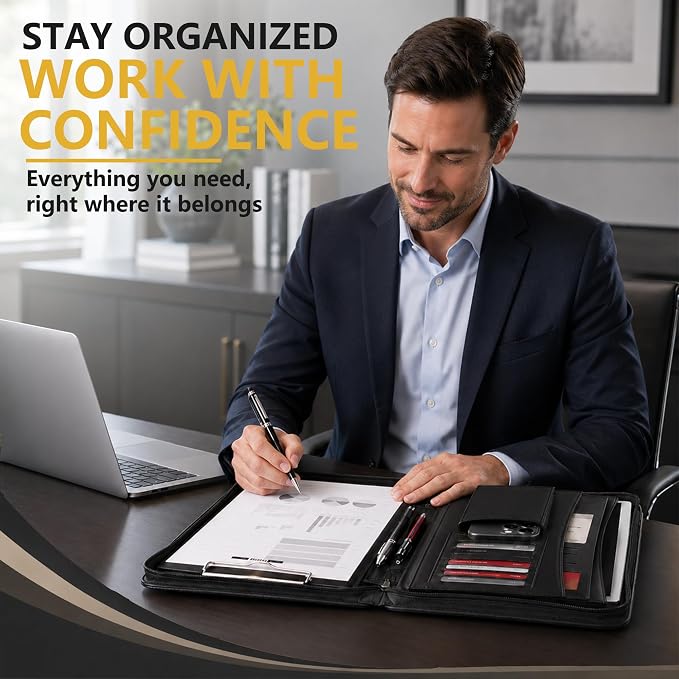 Darolin Vegan Leather Padfolio Portfolio with Handle, Zipper -Black | Business Portfolio Organizer for Meetings, Interviews, Travel, Resume, Clipboard Fits A4, Letter Size, Padfolio for Men Women