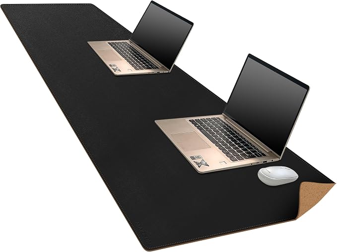 MAIDERN 70.8”x 15.7” Leather Desk Pad, Large Desk Mat, Cork & Leather Large Mouse pad for Desk, Waterproof Computer Desk Pad for Gaming Home Office (Black)