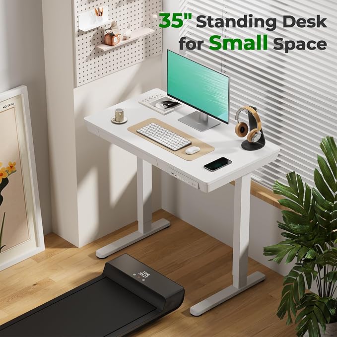 Electric Standing Desk with Drawer, 35" x 20" Whole Piece Tabletop Small Sit Stand Desk, Height Adjustable Desk with Storage & USB Ports, Quick Install Home Office Computer Desk, White
