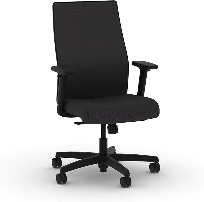 HON Ignition 2.0 Mid‑Back Ergonomic Office Chair, Mesh Task Desk Chair with Lumbar Support, Standard Synchro‑Tilt, Height and Width Adjustable Arms, Black Frame, Onyx