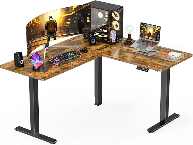 ErGear 63″ L Shaped Standing Desk Electric Adjustable Height, Vintage Brown | Left & Right Interchangeable Installation, 4 Memory Presets, One-Touch Control, Stable Steel Frame, 220 lbs Capacity