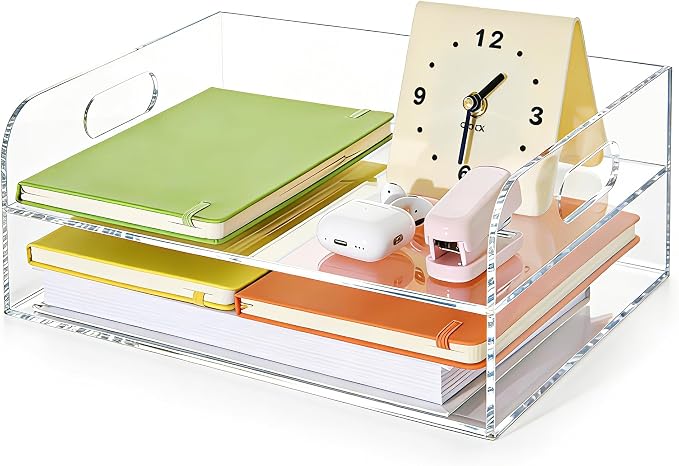 2-Tier Clear Acrylic Paper Trays, Desk File Organizer, A4 Paper Holder, Low-Profile Desk File Sorter for Office/Home, Clear Stackable Letter Tray for Bills, Crafts, Notebooks - Horizontal
