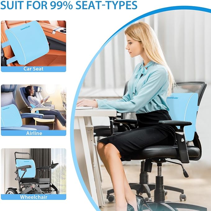 SweetSlubr Lumbar Support Pillow for Office Chair, Car & Gaming Chair, Ergonomic Memory Foam Cushion for Back Comfort,Zoned Back Support, Double Adjustable Straps(Light Blue,Large)