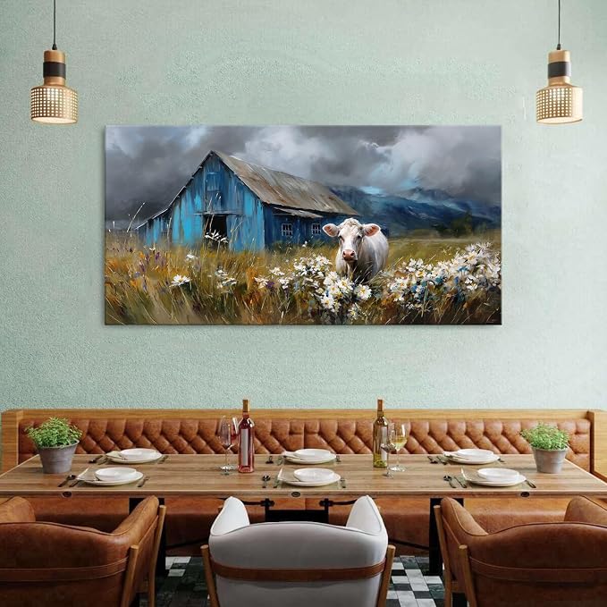 AIYISU Rustic Farmhouse Wall Art Cow and Blue Barn Canvas Pictures Country Landscape Wall Decor Wildflower Field Painting Farm Animal Artwork for Living Room Dining Room Bedroom Home Decoration 30x60