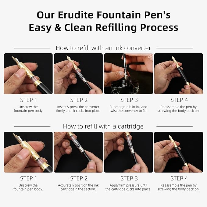 Luxury Fountain Pen Gift Set For Writing Smooth, Fine Nib, Includes Refillable Ink Converter &10 Black 3.4mm Ink Cartridges Metal Pen,Journaling Fancy Pen