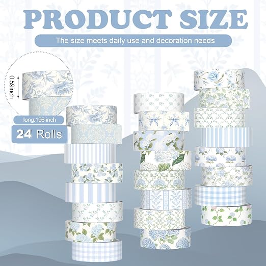 Gueevin 24 Rolls Watercolor Floral Washi Tape Set 15 mm Seasonal Flower Decorative Washi Tape for Craft Arts DIY Scrapbook Journaling Supplies Gift Wrapping (Blue Hydrangea)