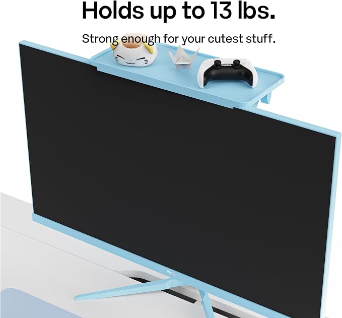 Pixio 12 inch Blue Monitor Storage Top Shelf - Adjustable Platform, Universal Fit, Holds Up to 13lbs, Works on TV, Flat, Curved Monitors, Storage for Webcams, Clocks, Phone, Figures