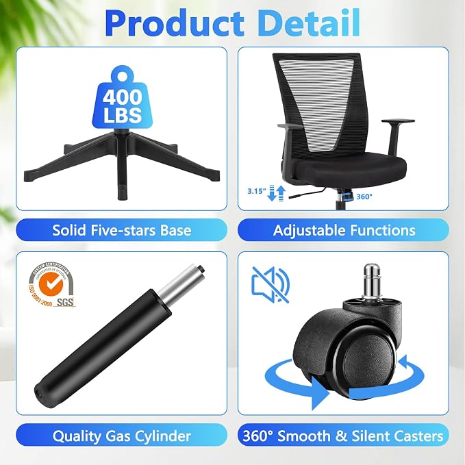 CLATINA Big and Tall Office Chair, Heavy Duty Ergonomic Mesh Computer Desk Chair with Armrests, Adjustable Height Rolling Swivel Mid Back Executive Task Chairs for Home Office Conference, Black, 8Pack