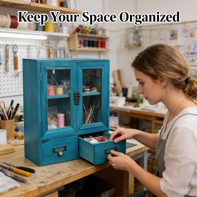 Rustic Vintage Mini Wood Counter Top Cabinet,Display Case with Organic Glass Door,Wall Storage Cabinet, that Sits on Countertop-Floating Shelf Organization12 x4.7"x14"(Blue)