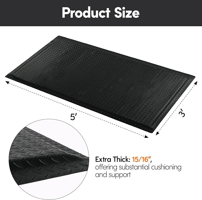 Nisorpa Anti Fatigue Mats Industrial 3' x 5' Ergonomic Standing Mat 15/16" Extra Thick Kitchen Mats Shop Floor Mat Heavy Duty Commercial Diamond Plate Safty Mat Support for Leg & Back Pain, Black