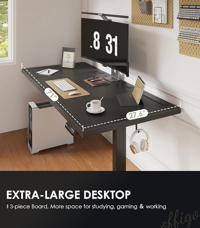 OffiGo 71 Inch Executive Electric Standing Desk Height Adjustable, Black | 1.38" Thick 3-Panel Desktop, Power Outlets, 3 Memory Presets, Dual-Beam Frame for Home Office, Workstation, Conference Room