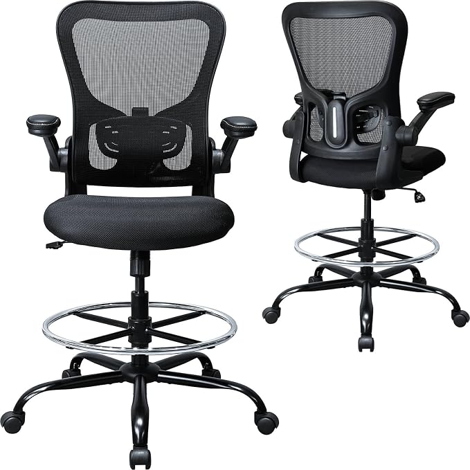 Drafting Chair, Ergonomic Tall Office Chair for Standing Desk, Counter Height Desk Chair with Adjustable Padded Armrests and Footrest Ring Standing Desk Chair Adjustable Height with Lumbar Support