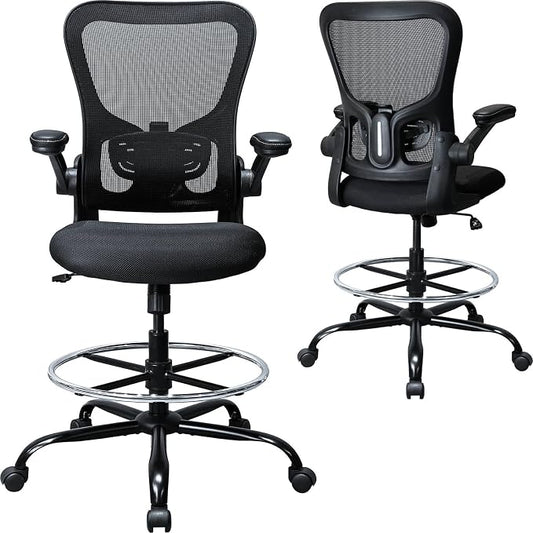 Drafting Chair, Ergonomic Tall Office Chair for Standing Desk, Counter Height Desk Chair with Adjustable Padded Armrests and Footrest Ring Standing Desk Chair Adjustable Height with Lumbar Support