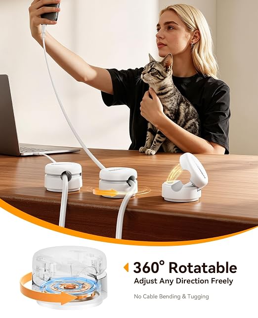 Rocoren 12 Pack 360° Rotating Magnetic Cable Clips, No-Residue Adhesive Cord Organizer for Cable Management, 1s Lock Cord Holder for Desk Nightstand Wall Car,Office Home Dorm Room Accessories,White