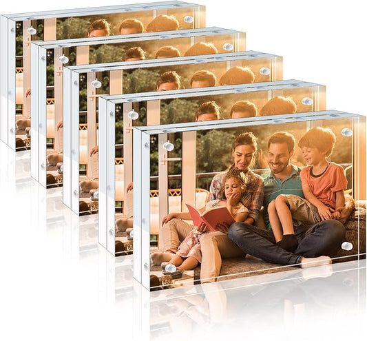 Egofine 3.5x5 Acrylic Frames 5 Pack, 20mm Thicker Frameless Clear Picture Frames, Double Sided Magnetic Picture Frames, Free Standing Desktop Display