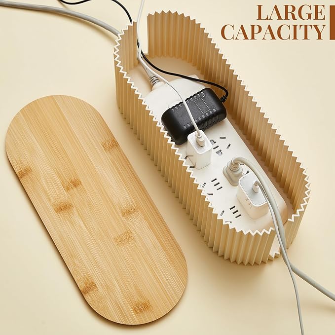 2 Pcs Cable Management Box, Fits Most Power Sockets, 11.8x5.1x4.3 in | Hides Cords & Power Sockets, Bamboo Lid, Beige & Black Options, Includes 48 Accessories, Home Office Desk or Floor Use